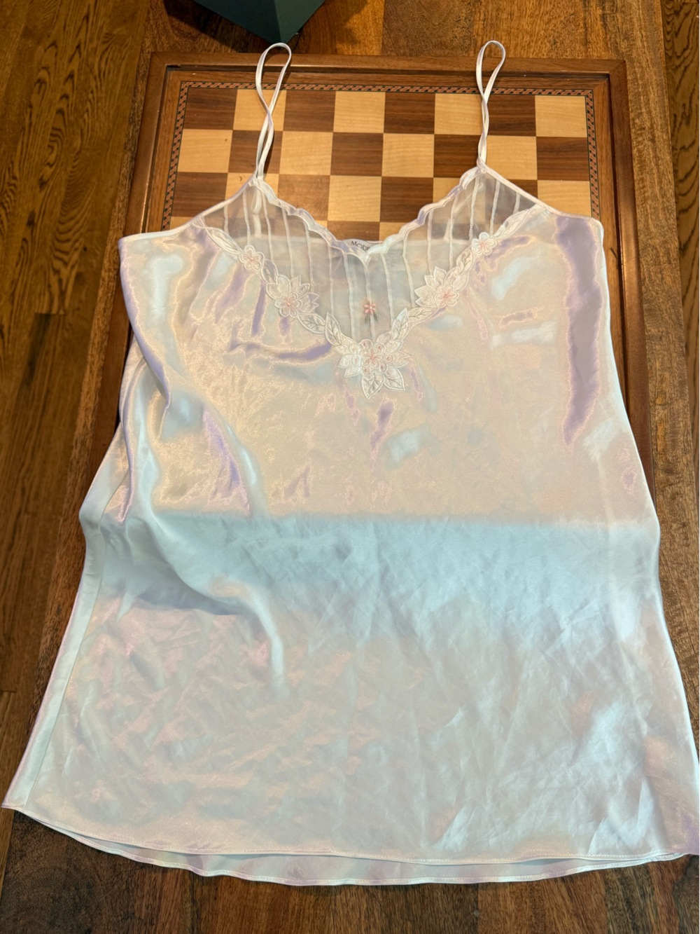 Vintage Val Mode Iridescent Satin Slip Dress with Floral Lace Yoke